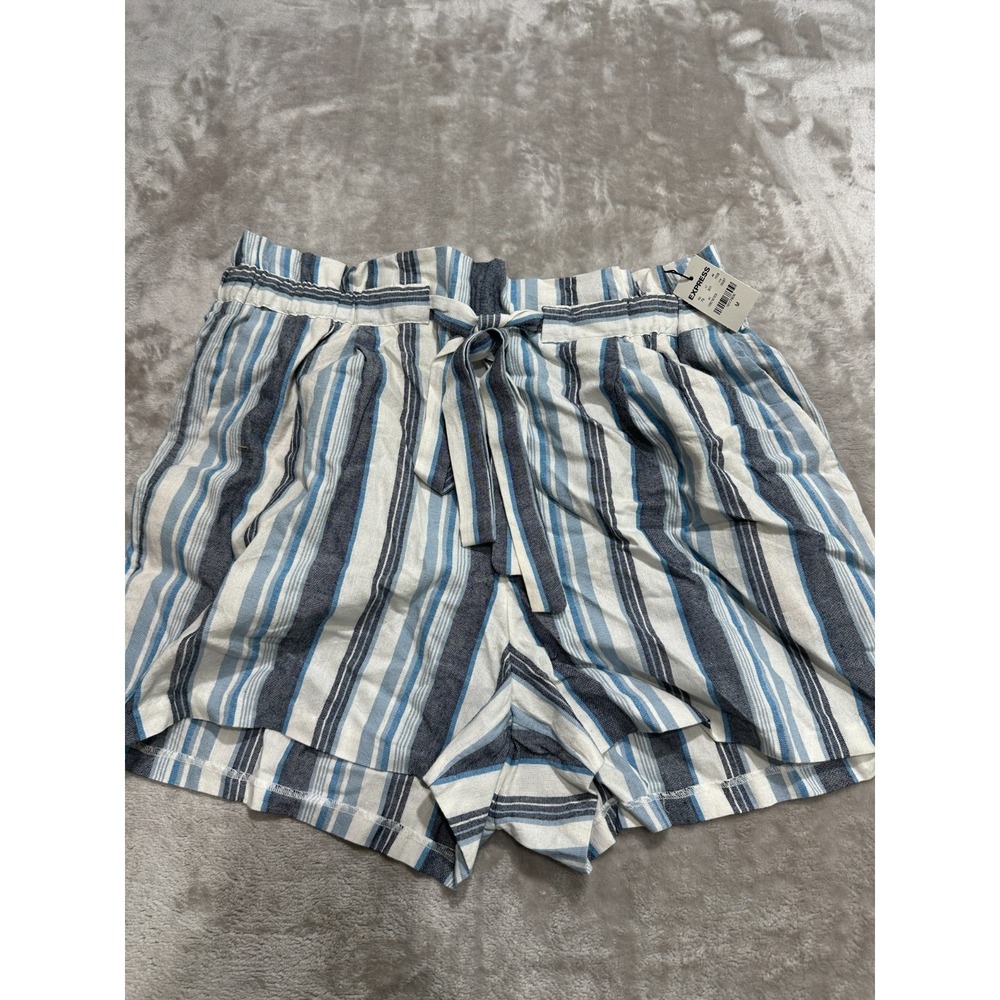 Express Shorts Womens Size Medium Blue Gray Striped Tie Off Paperbag New w/ Tags